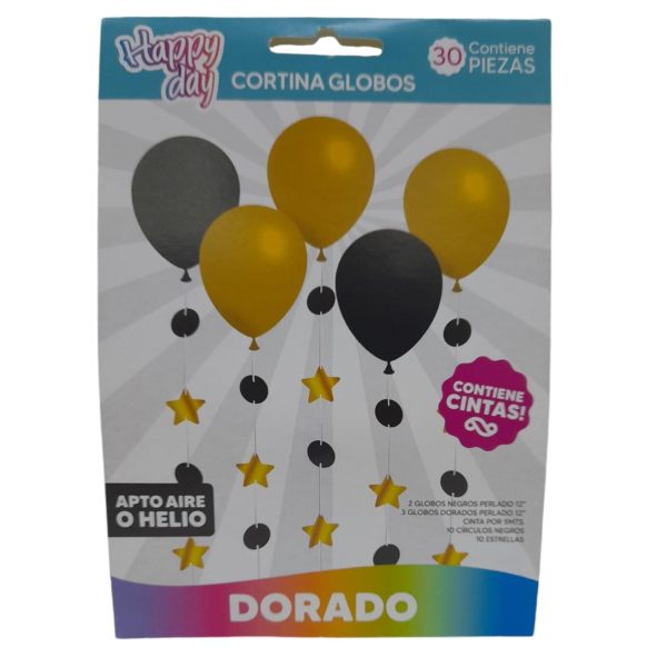 Set 30 Pzas globos + cortina dorado y negro -04304-