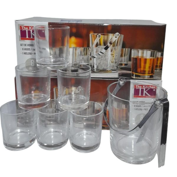Set de Whisky x 6 vasos + hielera de vidrio + pinza de acero-23391