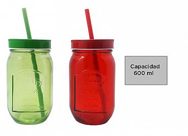 Vaso vidrio color con tapa y sorbete sin manija