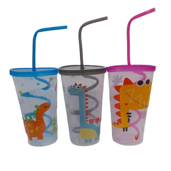 Vaso infantil 600ml DINO con sorbete resorte y tapa plana- 13557