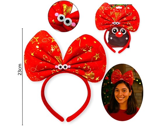 Vincha rojo con gran moño navideño con stamping dorado-00930