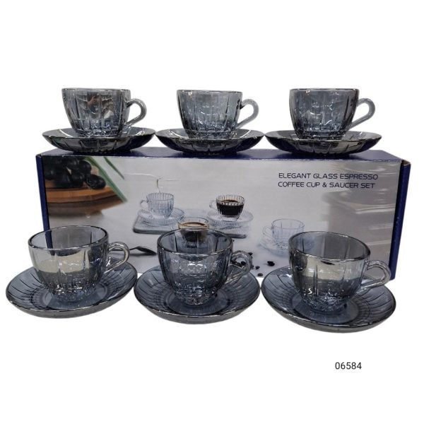Juego de cafe 12 piezas (6pocillos+6platos)  vidrio gris labrado 82ml en caja- 06584