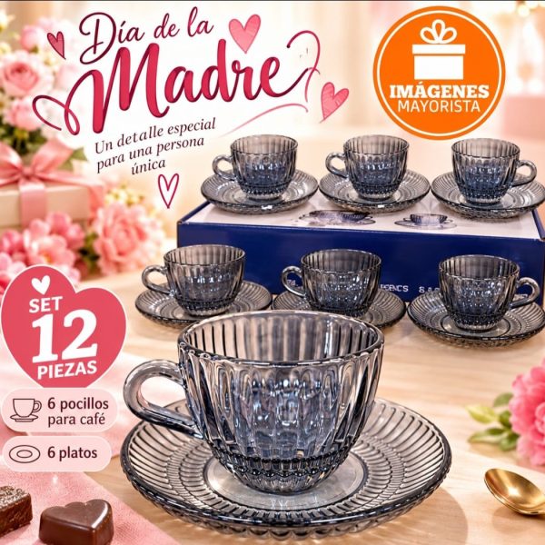 Juego de cafe 12 piezas (6pocillos+6platos)  vidrio gris labrado 82ml en caja- 06584