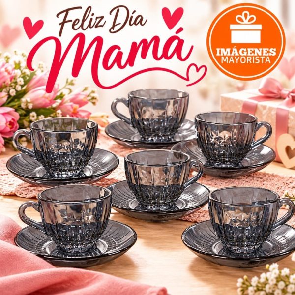 Juego de cafe 12 piezas (6pocillos+6platos) gris labrado 82ml en caja-06591