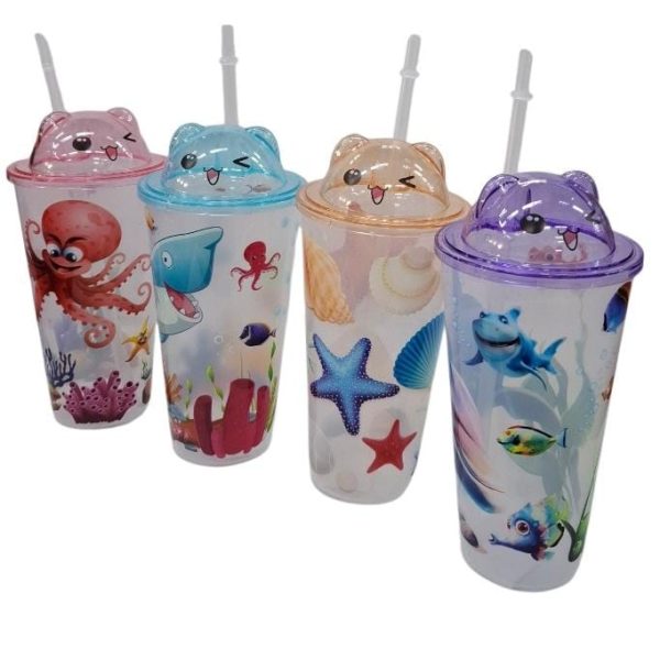 Vaso infantil con tapa y sorbete fondo del mar- 80012
