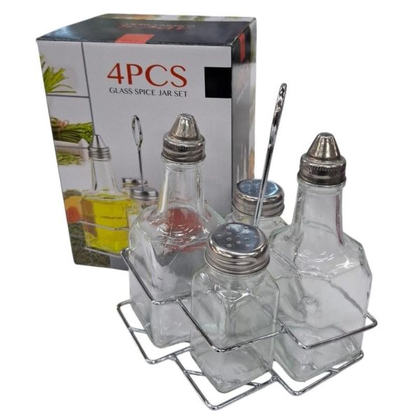Set de aceite y vinagre + sal y pimienta vidrio soporte metal- 07222