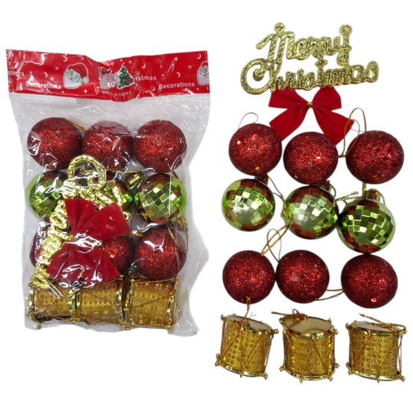 Bolas Navideñas surtidas con tambores y Merry Christmas- 81264