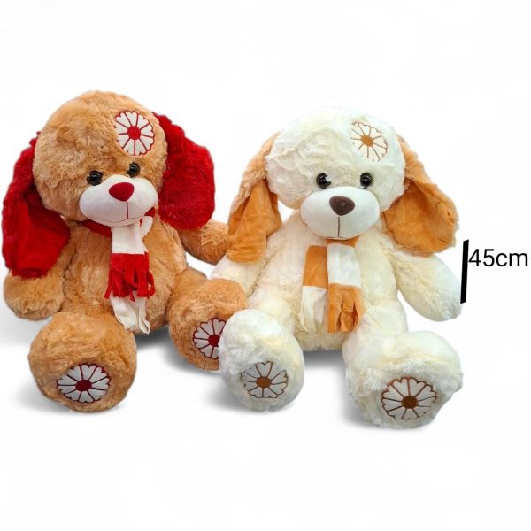 Perro 45 cm orejas largas con bufanda, flor bordada en cabeza y patas- 9345