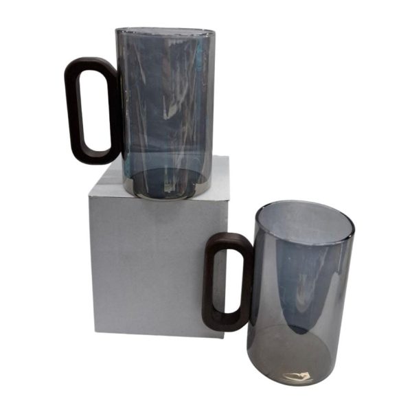 Jarro de vidrio fume  11 cm con asa de bamboo- 651198