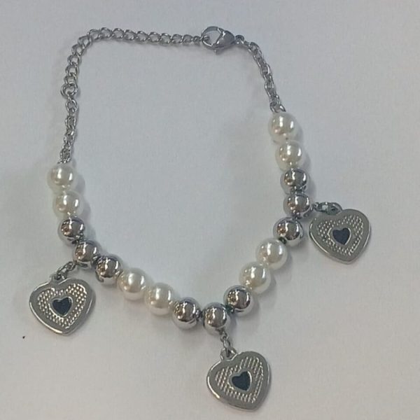 Pulsera acero perlas  y diges Corazon-14325