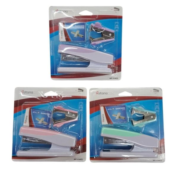 Set abrochadora bicolor 12 cm 24/6 + ganchos 24/6 + saca ganchos en blister- 31006