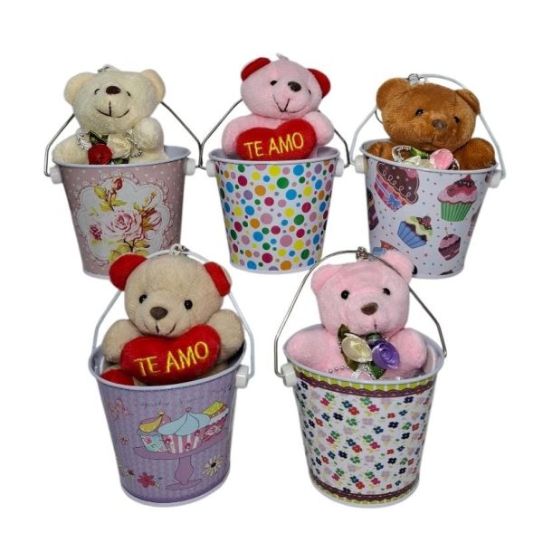 Balde metal 7x7 a lunares con oso peluche CORAZON TE AMO- 50031