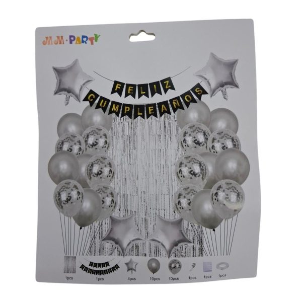 Set 29 pzas decorativo feliz cumpleaños plateado- 10740p