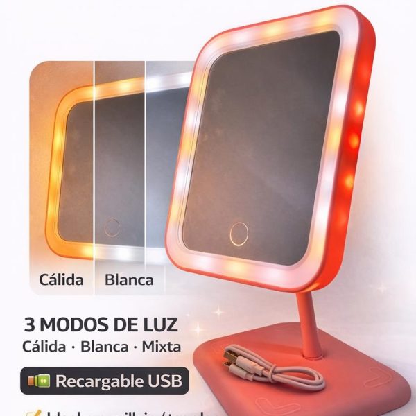 Espejo con luz led carga USB-3 tonos con pie 28x18 cm- 65792