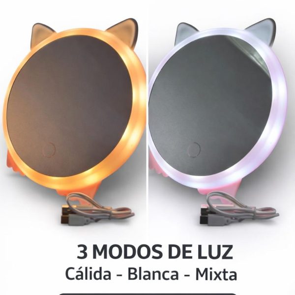 Espejo redondo con orejitas con luz led usb- 3 intensidades- 65693