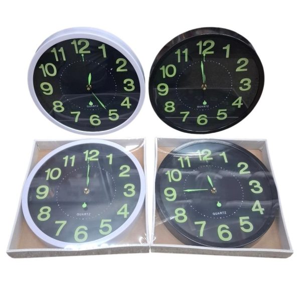 Reloj de pared redondo 30 cm fondo negro, numeros brillan en la oscuridad- 02337