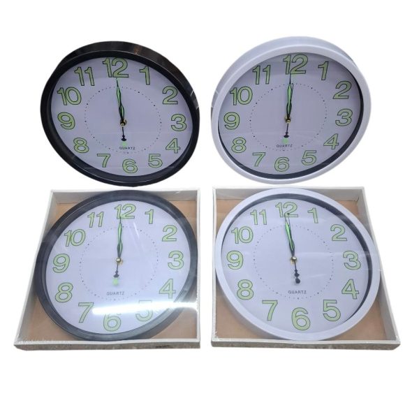 Reloj de pared redondo 30 cm fondo blanco, numeros brillan en la oscuridad- 02344