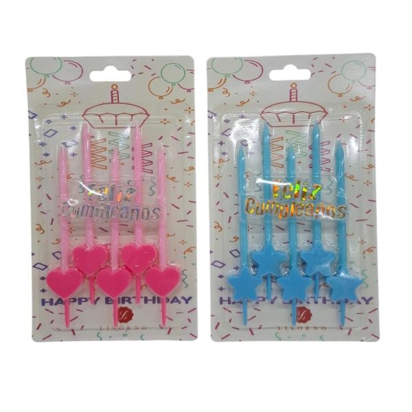 Velas cumpleaños x5u con pinche corazon- estrella + Feliz Cumpleaños e/b-08904