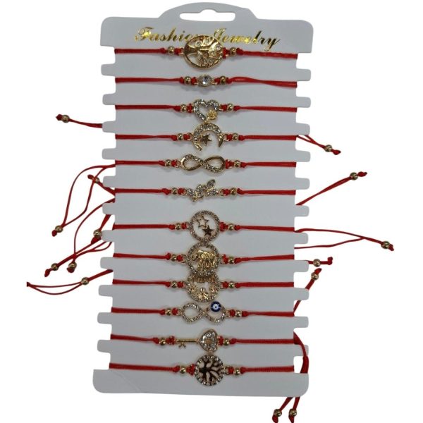 Pulsera  x 12 u hilo rojo con dige metal y strass - 18233