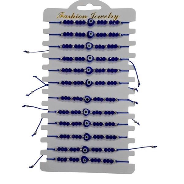 Pulsera x 12u hilo azul con gemas y ojito de la suerte- 18248