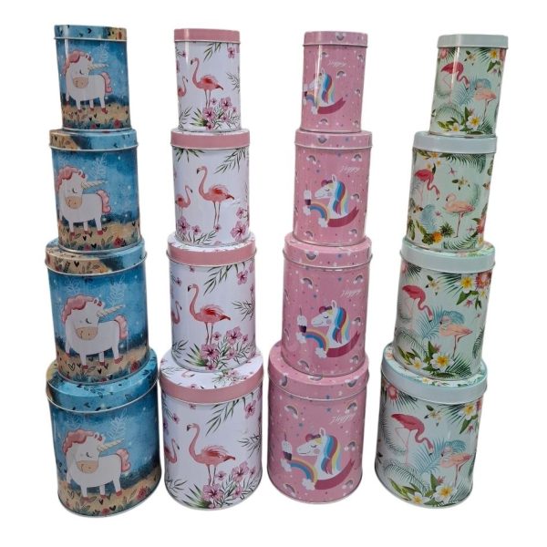Lata redonda x 4u metal decorada unicornios- 36617