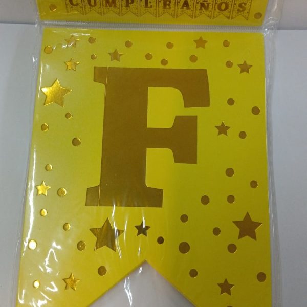 Banderin Feliz cumpleaños AMARILLO con estrellas doradas- 38628A