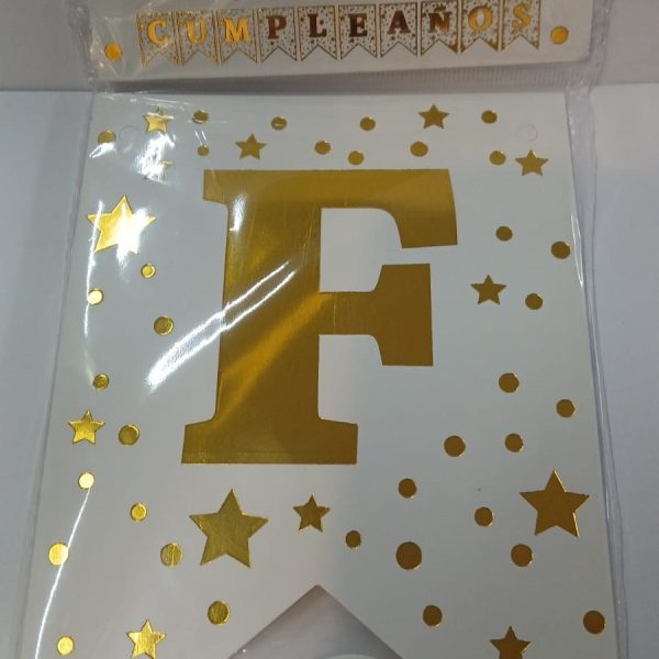 Banderin Feliz Cumpleaños BLANCO con estrellas doradas- 38628B