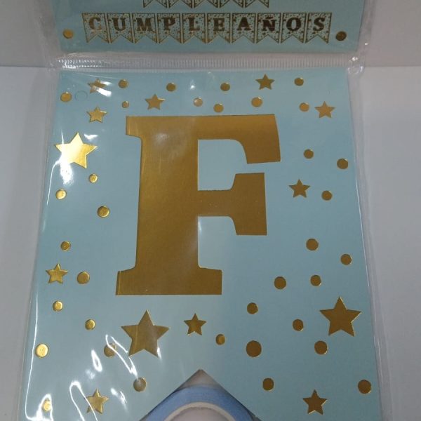 Banderin Feliz Cumpleaños CELESTE con estrellas doradas-38628C
