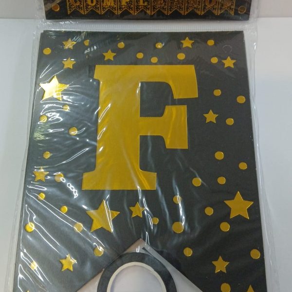 Banderin Feliz cumpleaños NEGRO con estrellas doradas- 38628