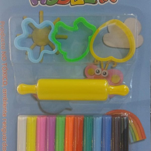 Masas para modelar x 12 colores +3 moldes+ 1 palito de amasar- 38651