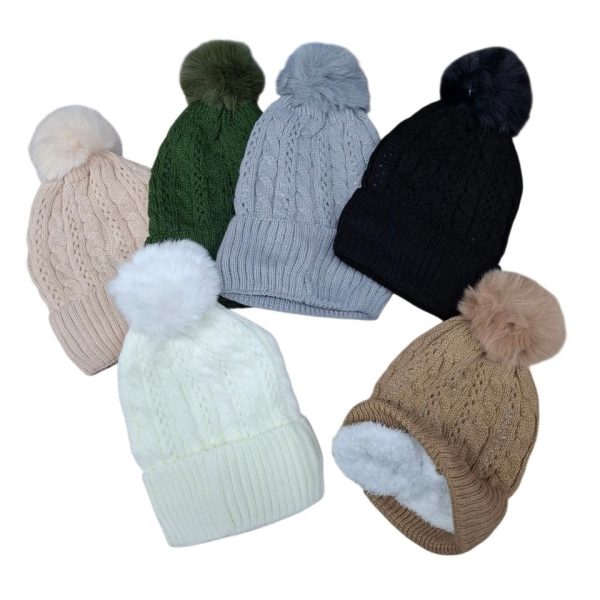 Gorro tejido con pompom interior peluche- 80407