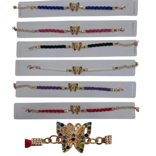 Pulsera simil cuero trenzada con dige mariposa con strass color- 18186
