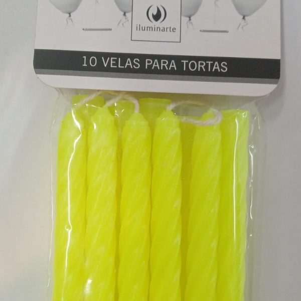 Velas cumpleaños x 10u torneadas amarillas fluor- 03532A