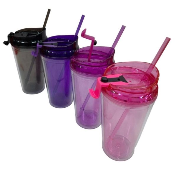 Vaso acrilico doble pared con tapa y sorbete 450CC- 55165