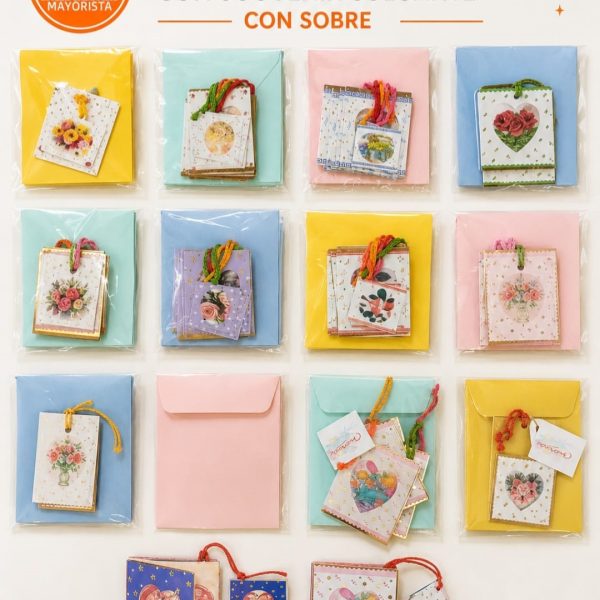 Mini tarjetita triple con suvenirs colgando + sobre x 60u en blister- 79