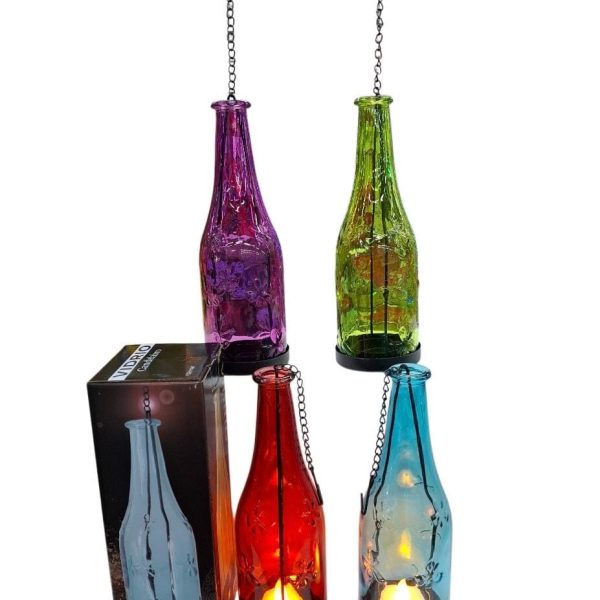 CANDELABRO BOTELLA 22 CM VIDRIO COLOR C/CADENA- 11087