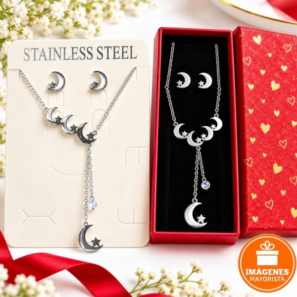 Conjunto acero dorado gargantilla y aros LUNA Y ESTRELLA- 146339