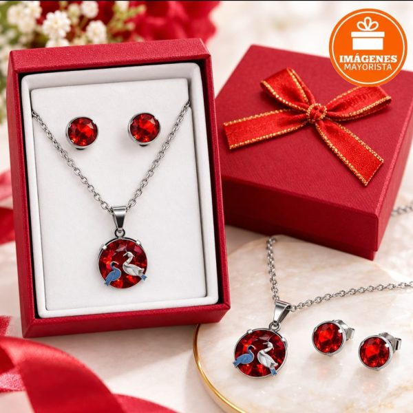 Conjunto acero gargantilla y aros con gema acero en estuche- 14634