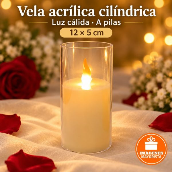 Vela cilindro acrilico a pilas Blanca Calida 12x5cm - 01024