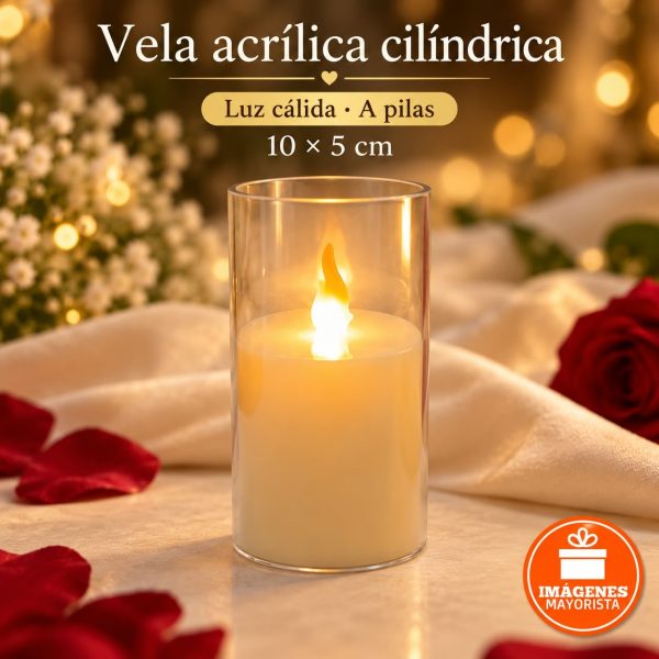 Vela cilindro acrilico a pilas Blanca Calida 10x5cm- 01017
