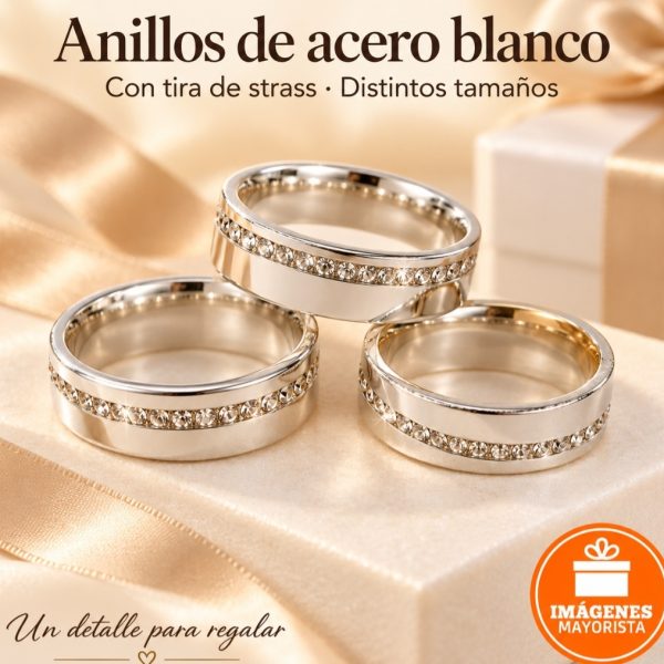 Anillo acero blanco LISO con tira de strass- 12804