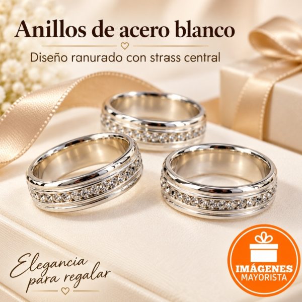 Anillo acero blanco RANURADO con tira de strass- 12805