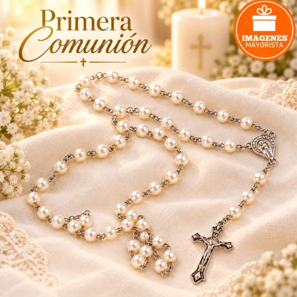 Rosario eslabones de metal y perlas- 15433