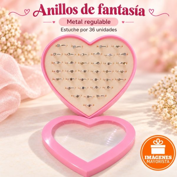 Anillo metal regulable con piedra x 36u en estuche corazón- 18482