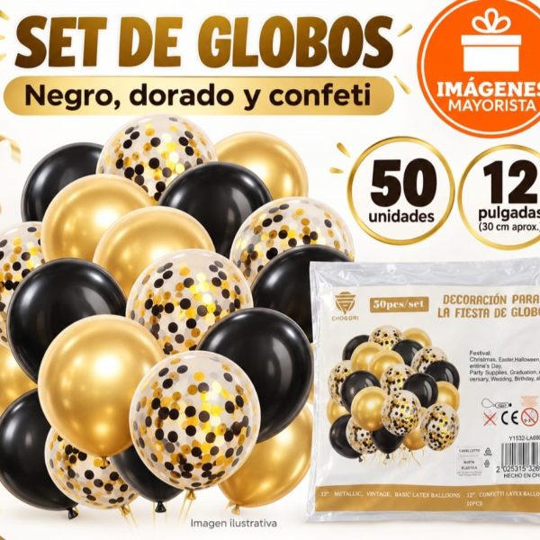 Set de globos 50pzas Chrome Dorados-Negros y confetis- 26902