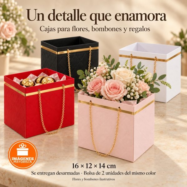 Caja regalo tipo matelasse 16x12x14,5 cm con cadenas y detalles dorados - 33111