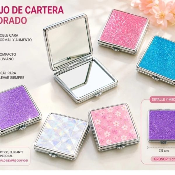 Espejo de cartera con brillo cuadrado  doble faz - 34517C