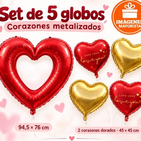 Set x 5 globos Corazon LOVE metalizado - 54061