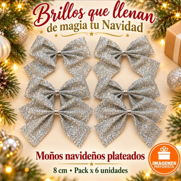 Moños 8 cm x 6u plateados en blister- 81234