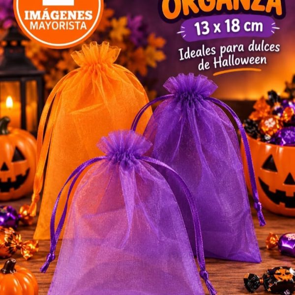 Bolsa Organza x 10u Naranja o Morada 13x18 Halloween- 48872H